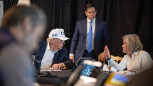 President Donald Trump talking with White House chief of staff Susie Wiles as Secretary of State Marco Rubio listens during Operation Epicy Fury
