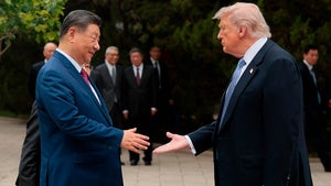 US President Donald Trump shakes hands with Chinese President Xi Jinping.