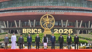 World leaders pose for a group photo during the BRICS summit in New Delhi