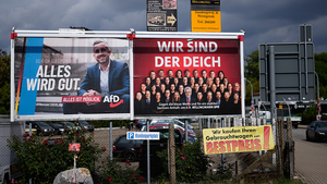 Election posters for Ulrich Siegmund and Armin Willingmann are pictured in Wernigerode, Germany, on September 2, 2026
