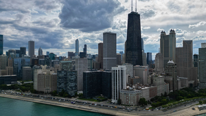 A view of the Chicago skyline looking southwest at the Hancock Building and Lake Shore Drive from Lake Michigan.