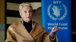 Cindy McCain speaks with a World Food Program banner behind her on January 14, 2025. 