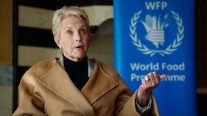 Cindy McCain speaks in front of a World Food Programme backdrop