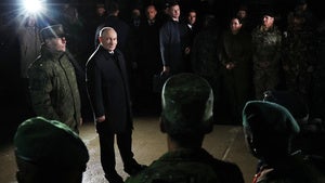 Russian President Vladimir Putin, center, visits the Center-2026 military exercises at the Chebarkulsky training ground outside Chebarkul, Chelyabinsk region, Russia, Friday, Oct. 2, 2026.