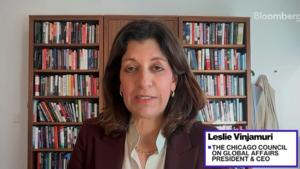 A screenshot of Leslie Vinjamuri on screen