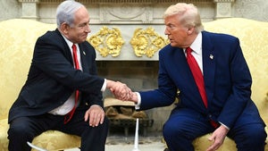 President Donald Trump shakes the hand of Israel's Prime Minister Benjamin Netanyahu in the Oval Office 