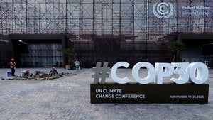 A sign for the upcoming COP30 U.N. Climate Summit sits outside of the press center in Belem, Brazil, Monday, Nov. 3, 2025.