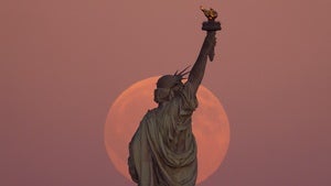 The Statue of Liberty stands in front of a pink sky