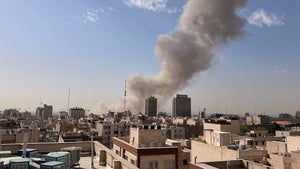 Smoke rises on the skyline after an explosion in Tehran, Iran, Saturday, Feb. 28, 2026.