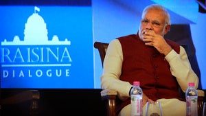 Indian Prime Minister Narendra Modi listens to a speaker during the inauguration of the second edition of the Raisina Dialogue in New Delhi, India, Tuesday, Jan. 17, 2017. Raisina Dialogue is India's flagship geo-political conference organized annually by the Observer Research Foundation (ORF) in association with the Ministry of External Affairs. 