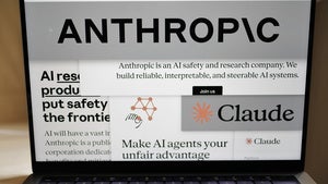 Pages from the Anthropic website and the company's logos are displayed on a computer screen in New York on Thursday, Feb. 26, 2026.
