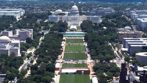 The U.S. Capitol backdrops the National Mall where construction crews prepare The Mall for the 250 anniversary celebrations, Thursday, May 28, 2026, in Washington.