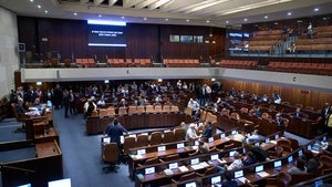 Israeli lawmakers in the Israeli parliament, during a session considering a bill to dissolve the government in Jerusalem, Wednesday, May 20,2026.
