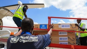 Workers load World Health Organization (WHO) emergency supplies onto a United Nations plane in Nairobi, Kenya, Wednesday, May 20, 2026, headed for Congo to combat the Ebola outbreak in Ituri province. 