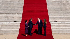 President Donald Trump and China's President Xi Jinping shake hands as first lady Melania Trump and China's first lady Peng Liyuan watch, after visiting the National Archives Museum, Friday, Sept. 25, 2026, in Washington. 